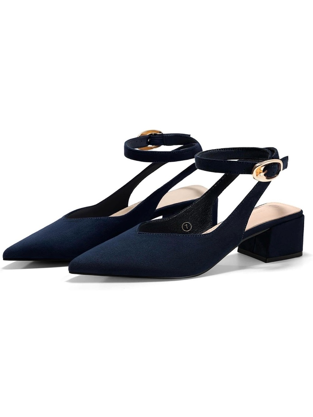 COUTGO Slingback Navy Blue Closed Pointed Toe Low Chunky Block Heel Shoes 9 NWT